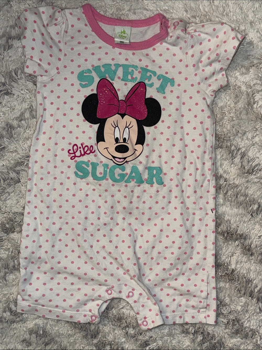 12-18m vintage Disney Minnie Mouse Pink Polka Dot One-Piece with Teal Lettering